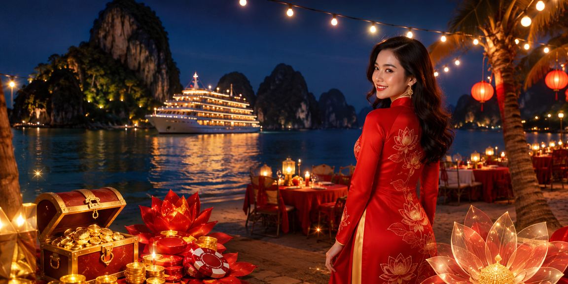 Cảnh giải trí casino sang trọng tại Hạ Long Bay trong trang phục áo dài Việt Nam