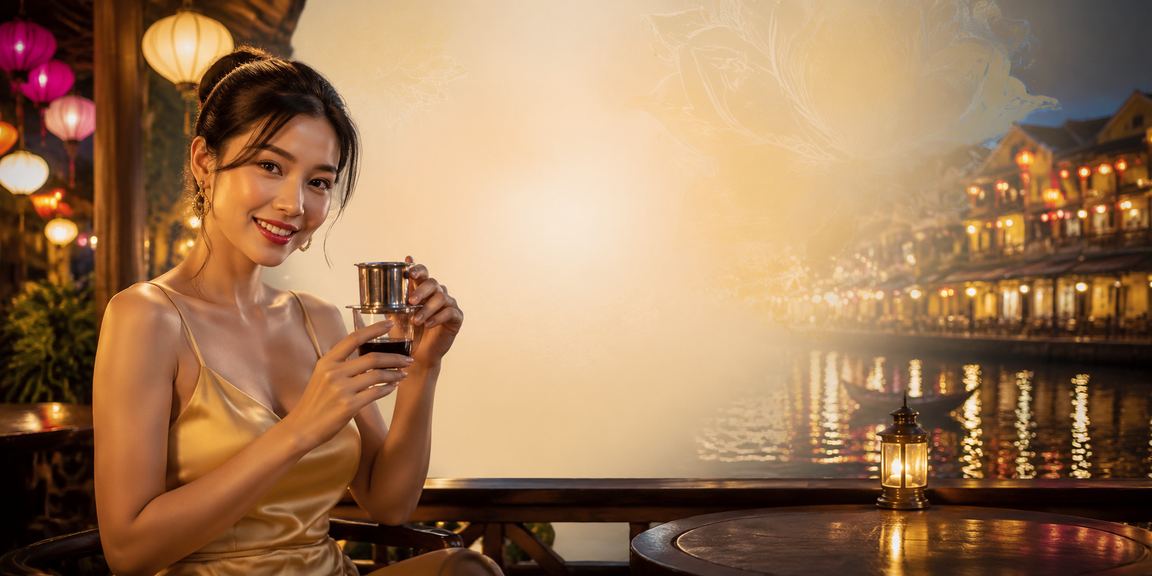 Người chơi cược lớn thư giãn tại quán cà phê cổ Hội An với điện thoại và không khí sang trọng